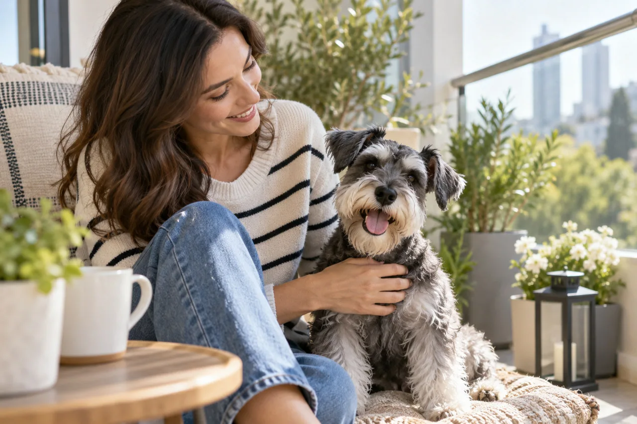 Owner holding a small dog on a balcony